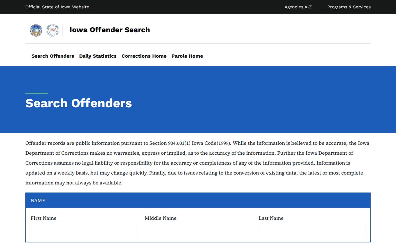 Iowa DOC Crawford County offender record search fields