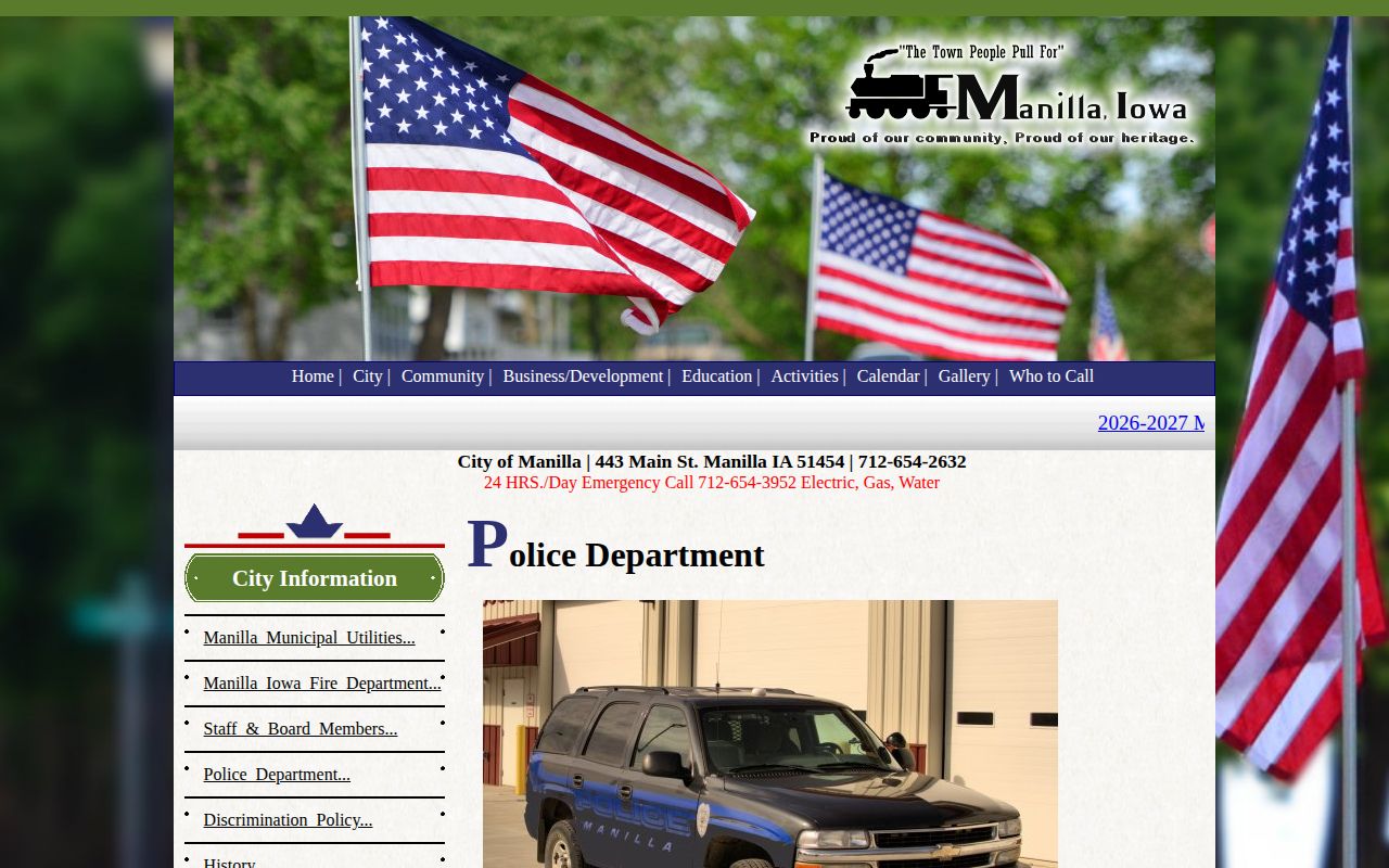 Manilla Police contact page for arrest-report routing, with no online blotter