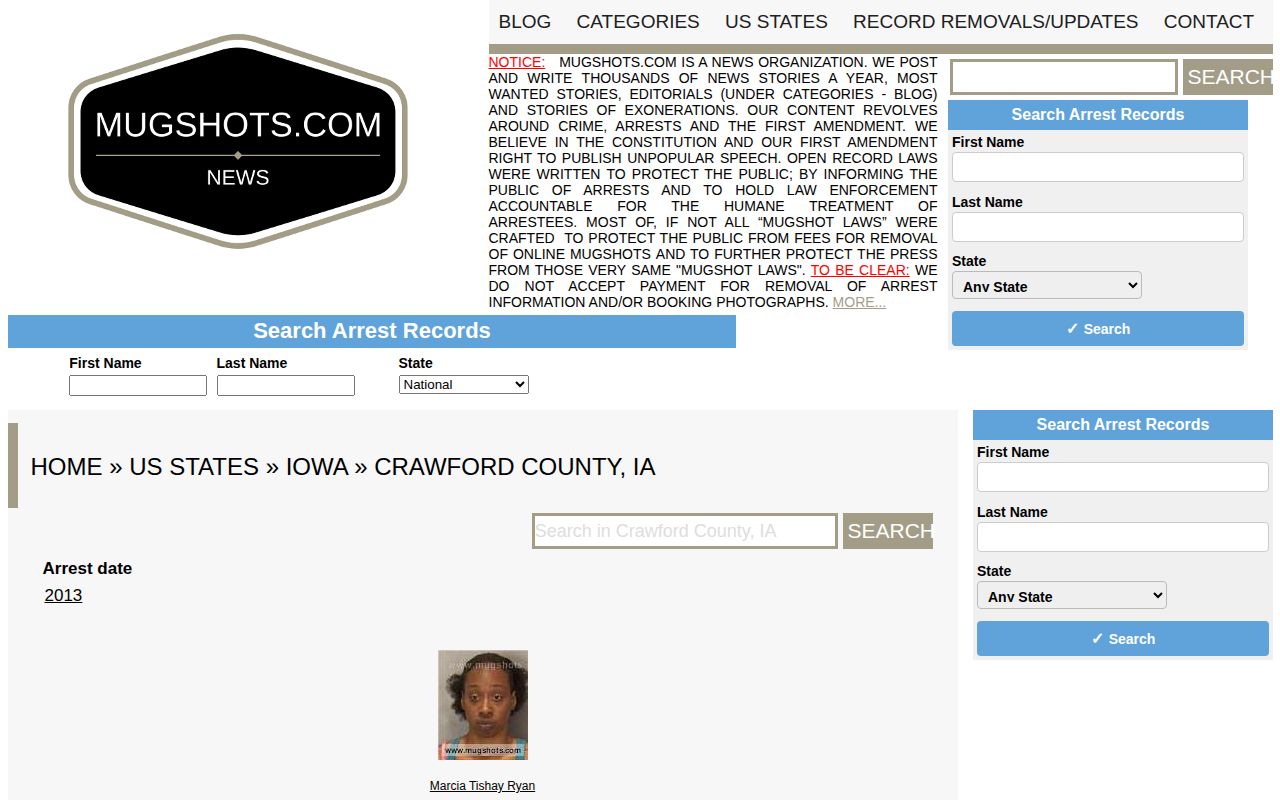 Unofficial Crawford County mugshot publisher page with stale archive